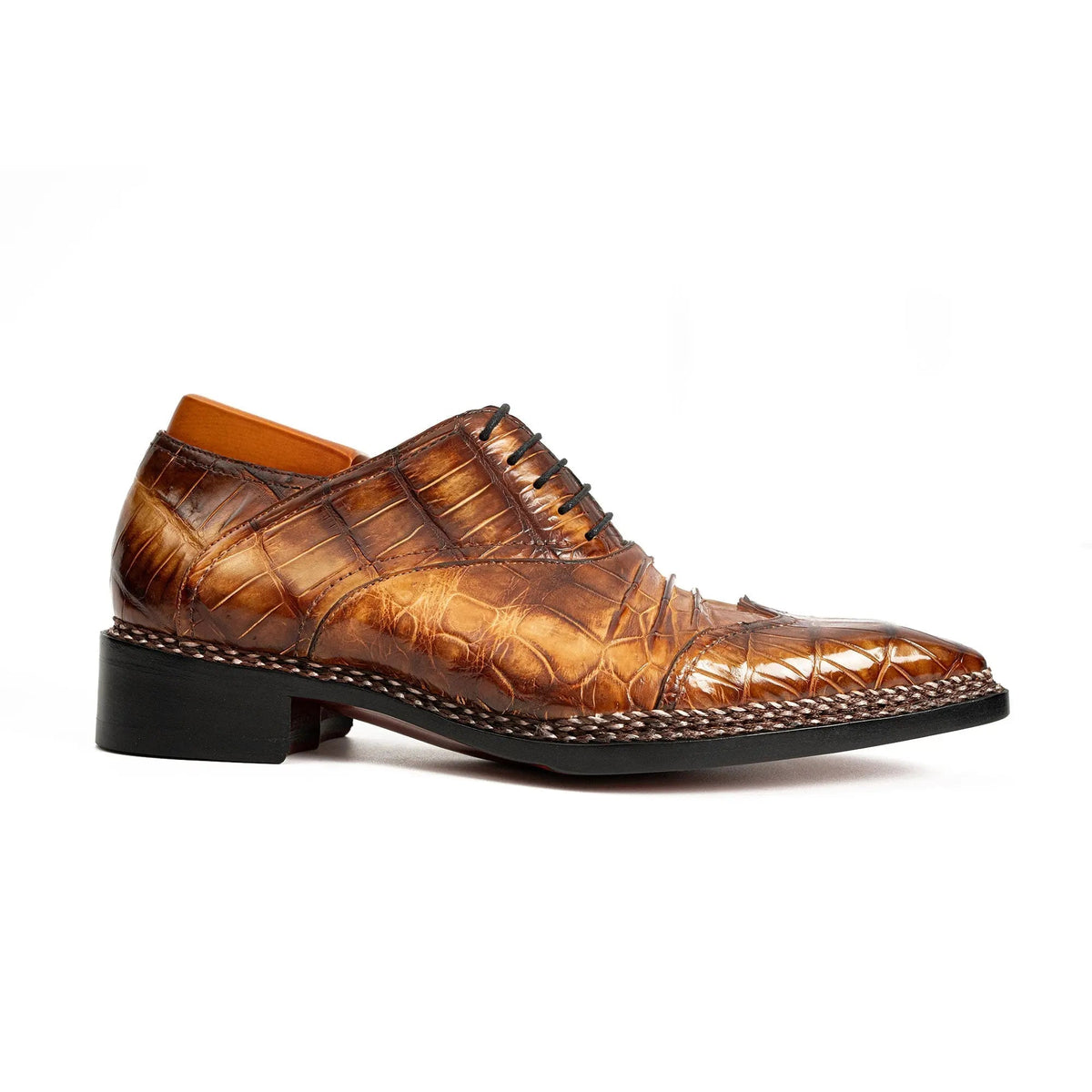 Golden Brown Square-Toe Oxford Shoes with Scale-Pattern Texture