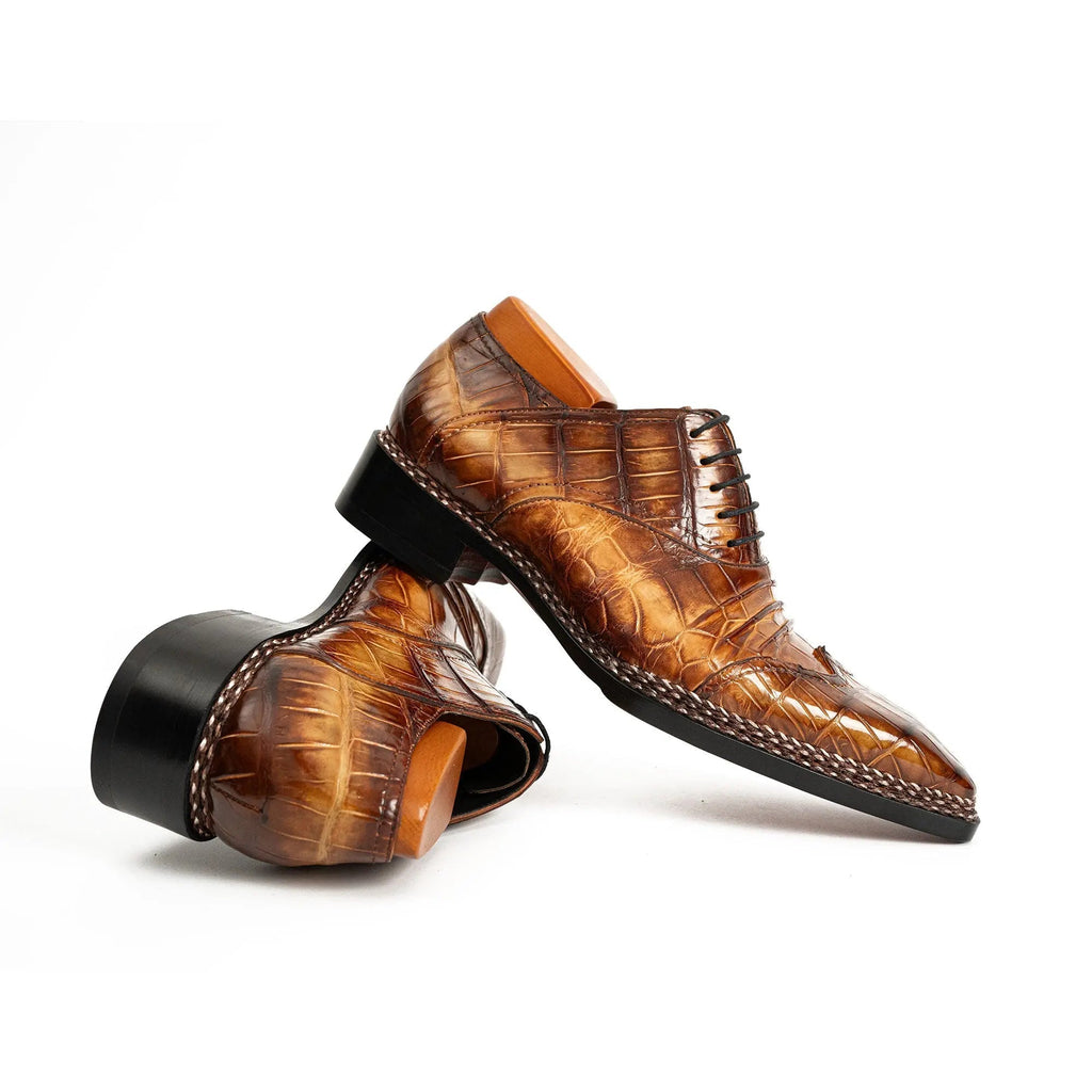 Golden Brown Square-Toe Oxford Shoes with Scale-Pattern Texture