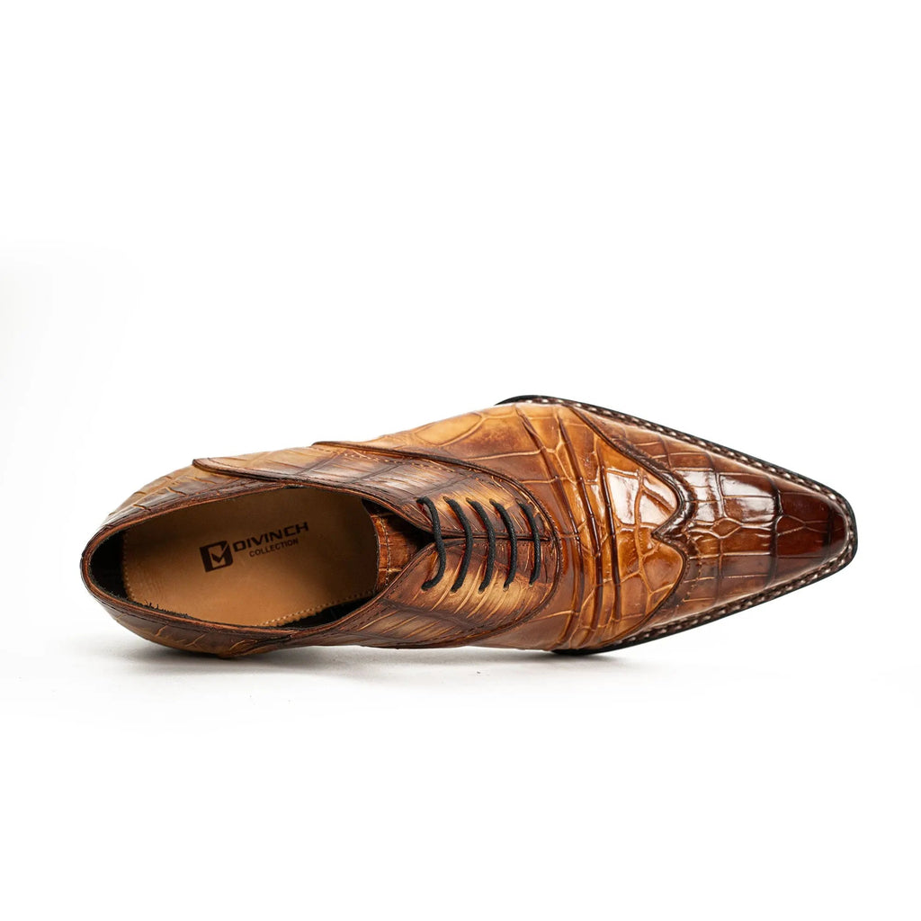 Golden Brown Square-Toe Oxford Shoes with Scale-Pattern Texture