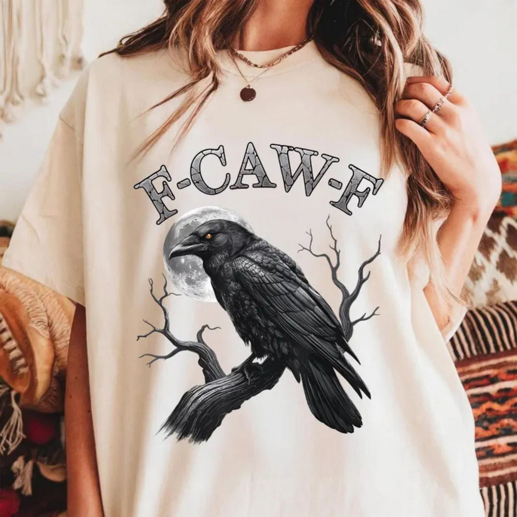 "F-CAW-F" Black Bird Moon T-Shirt - Funny Gothic Adult Humor Tee, Vintage Streetwear Top