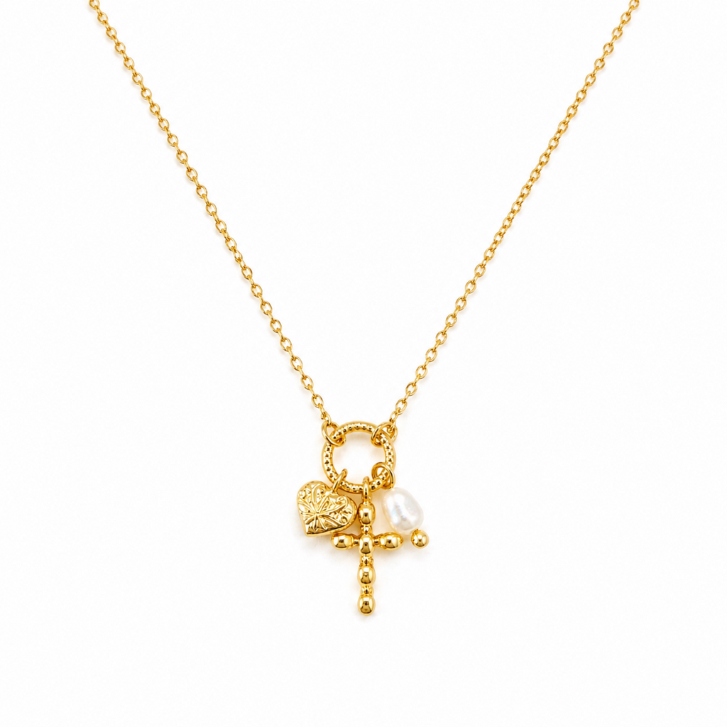 Faith & Love Charm Necklace – Gold-Tone Chain with Heart, Cross, and Pearl Charms