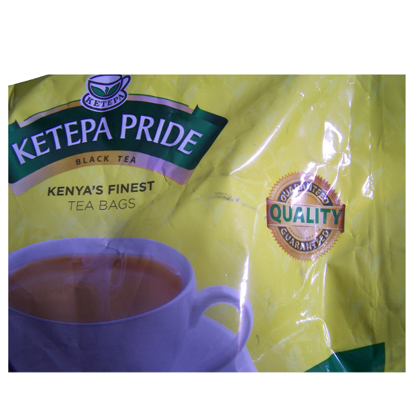 Side angle view of Ketepa Pride 100 count Kenyan tea bags package