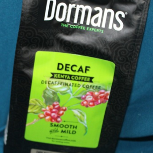 Dormans Decaf Kenya Coffee dark roast package close up image