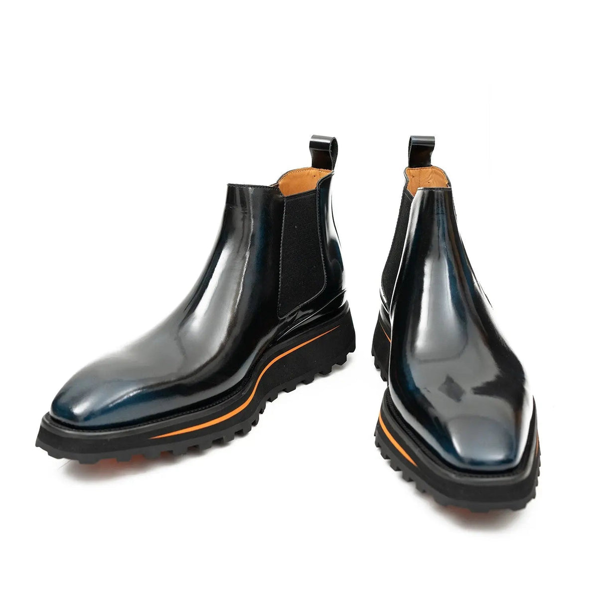 Dark Blue-Black Plain-Toe Chelsea Boots with Pull Tab