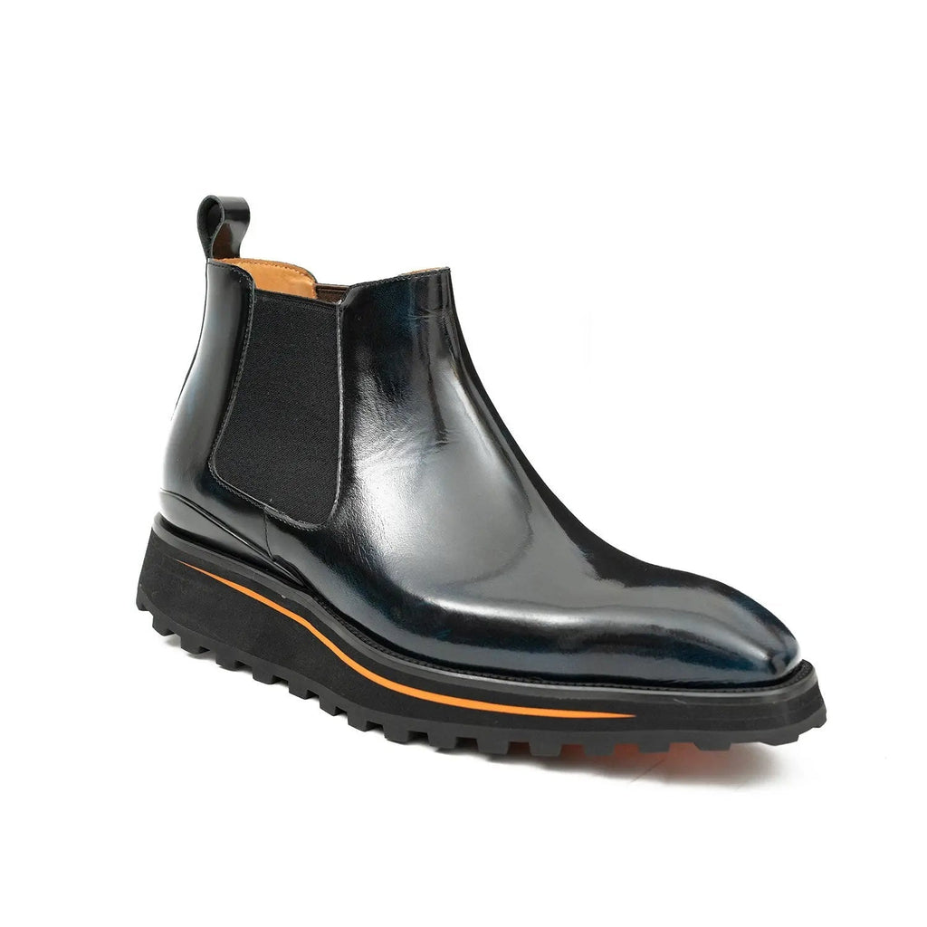 Dark Blue-Black Plain-Toe Chelsea Boots with Pull Tab