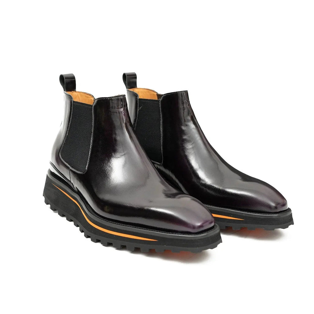 Very Dark Burgundy-Purple Plain-Toe Chelsea Boots with Pull Tab