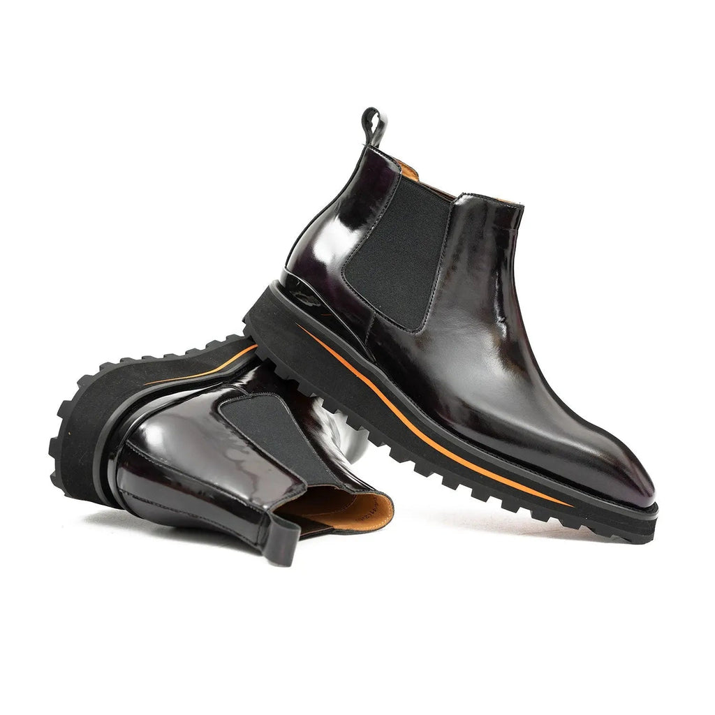 Very Dark Burgundy-Purple Plain-Toe Chelsea Boots with Pull Tab