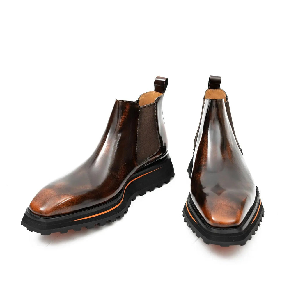 Brown Plain-Toe Chelsea Boots with Brown-Edge Lug Sole