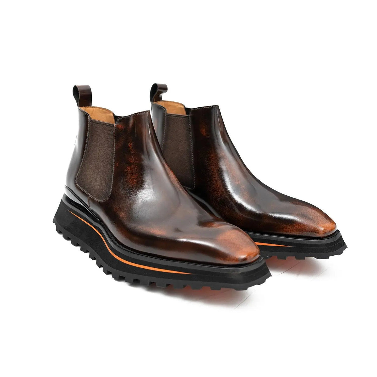 Brown Plain-Toe Chelsea Boots with Brown-Edge Lug Sole