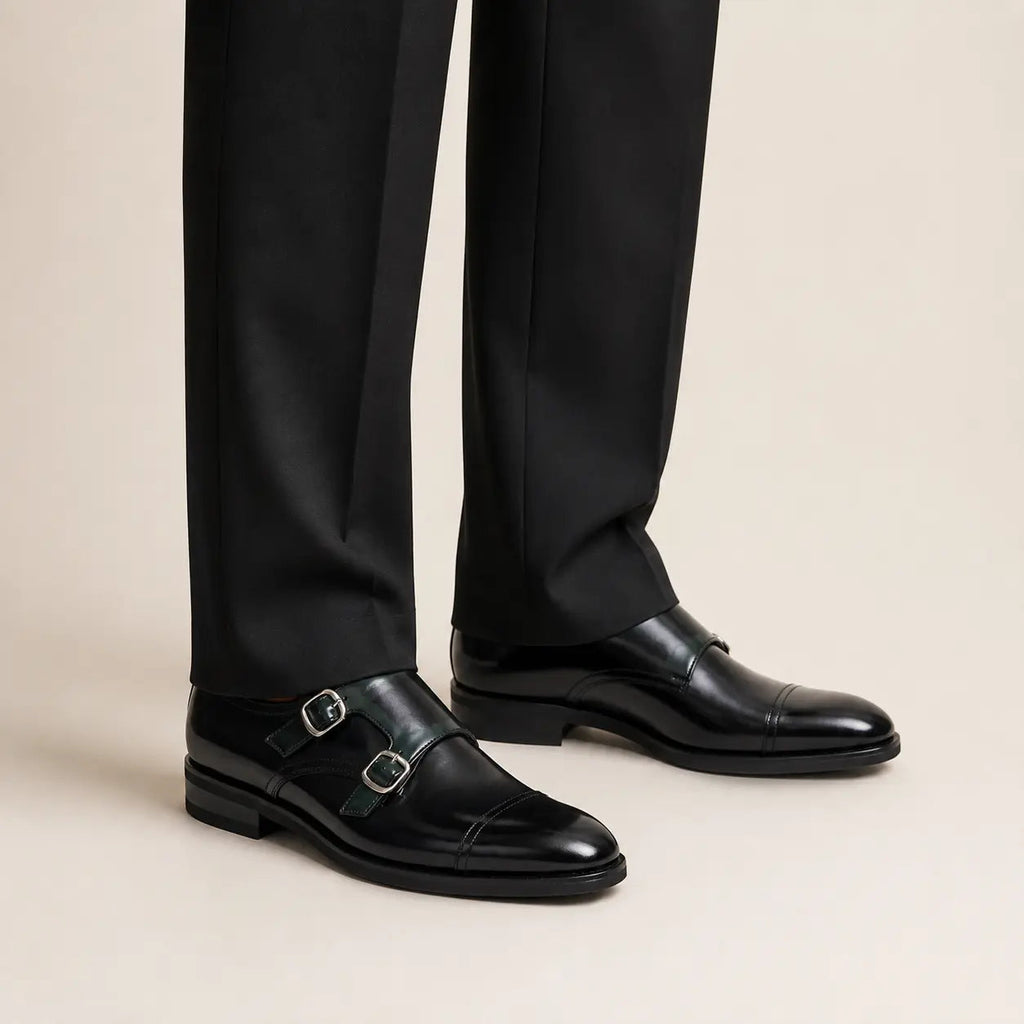 Dark Green Cap-Toe Double Monk Strap Shoes with Glossy Finish