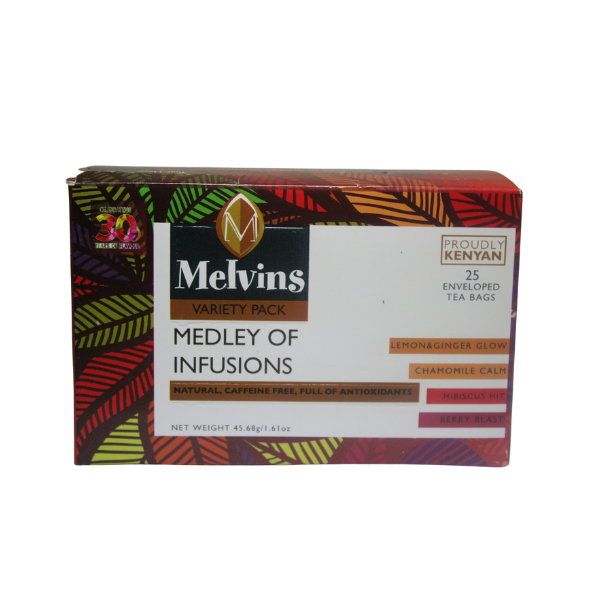 Melvins caffeine free herbal infusion tea bags front packaging
