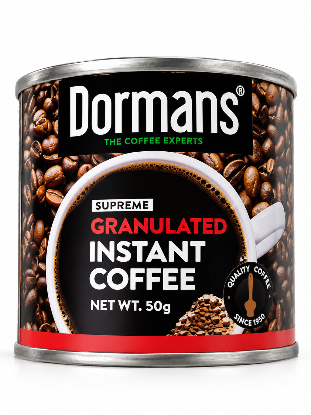 Back view of a Gibsons 50g coffee tin showing its black label, gold trim, barcode, and coffee bean artwork