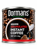 Back view of a Gibsons 50g coffee tin showing its black label, gold trim, barcode, and coffee bean artwork