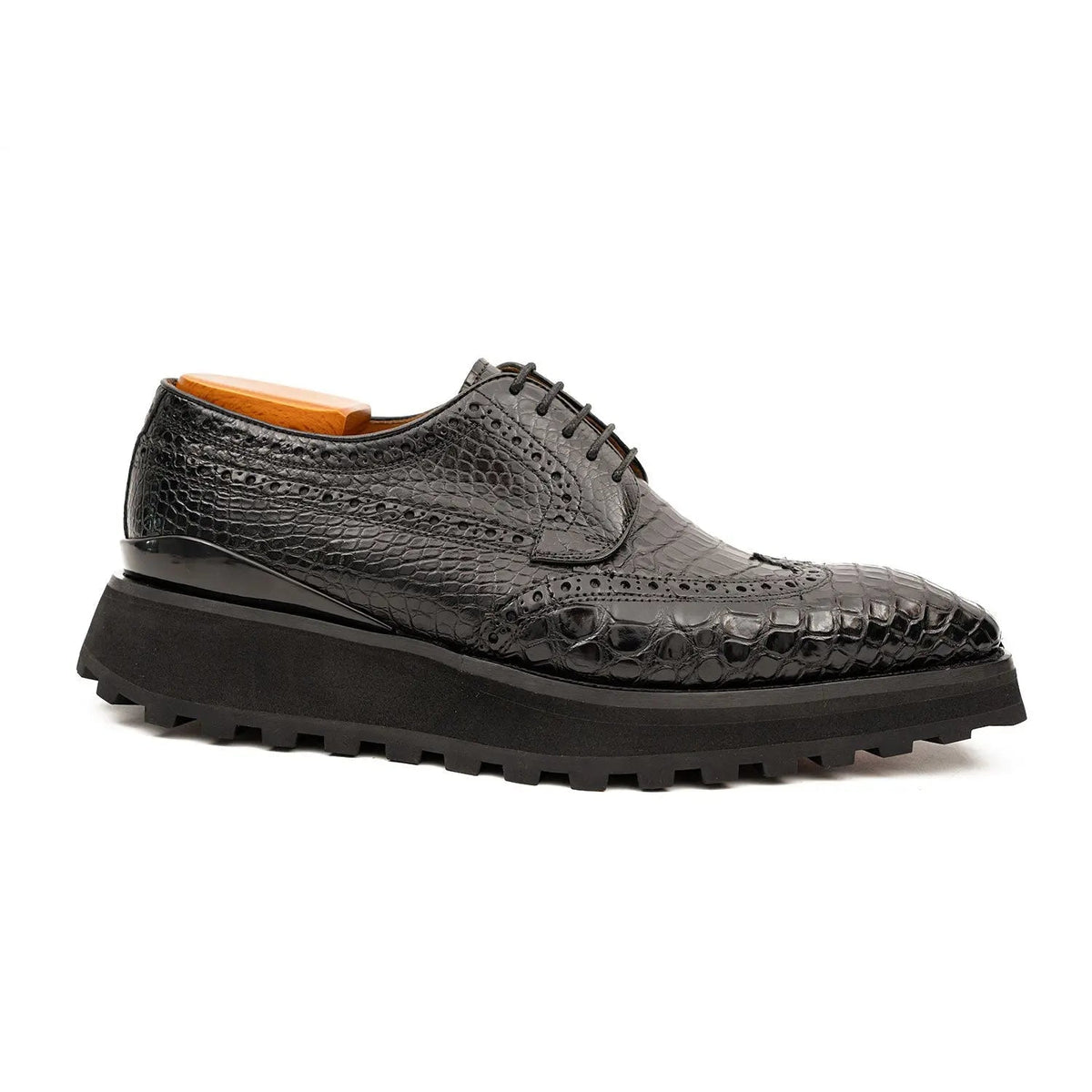 Black Calfskin Wingtip Derby Shoes with Scale Texture