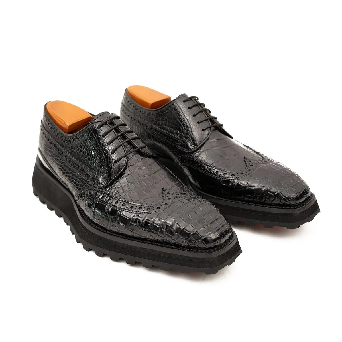 Black Calfskin Wingtip Derby Shoes with Scale Texture
