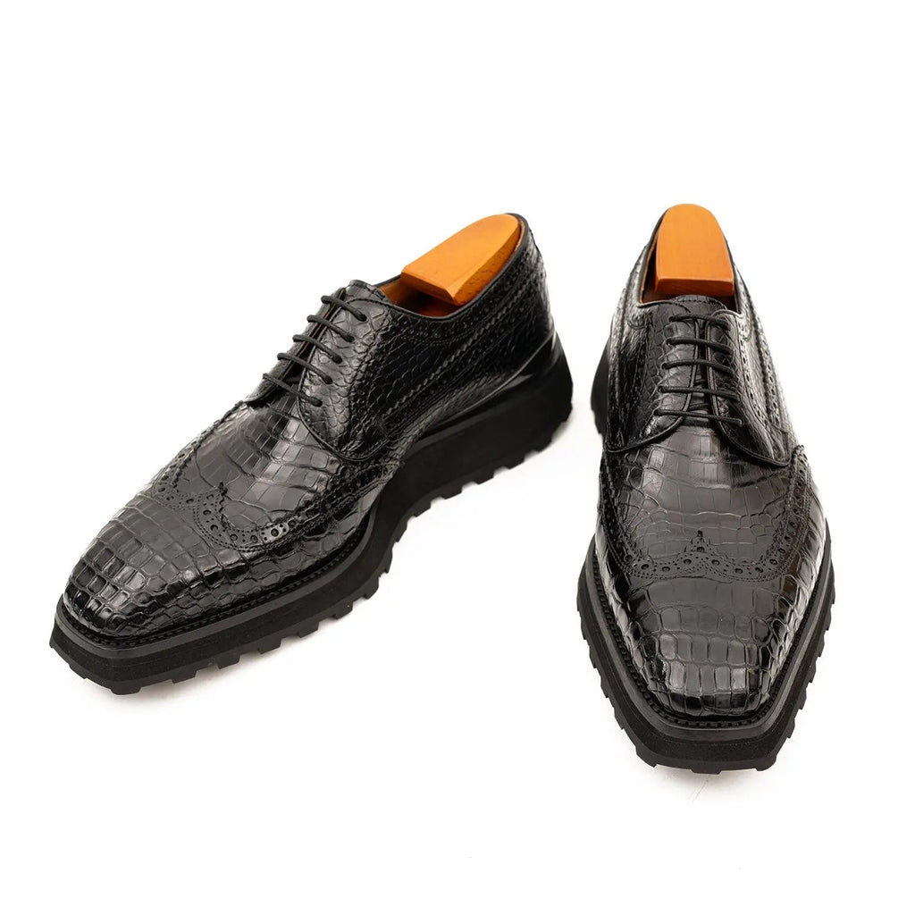 Black Calfskin Wingtip Derby Shoes with Scale Texture