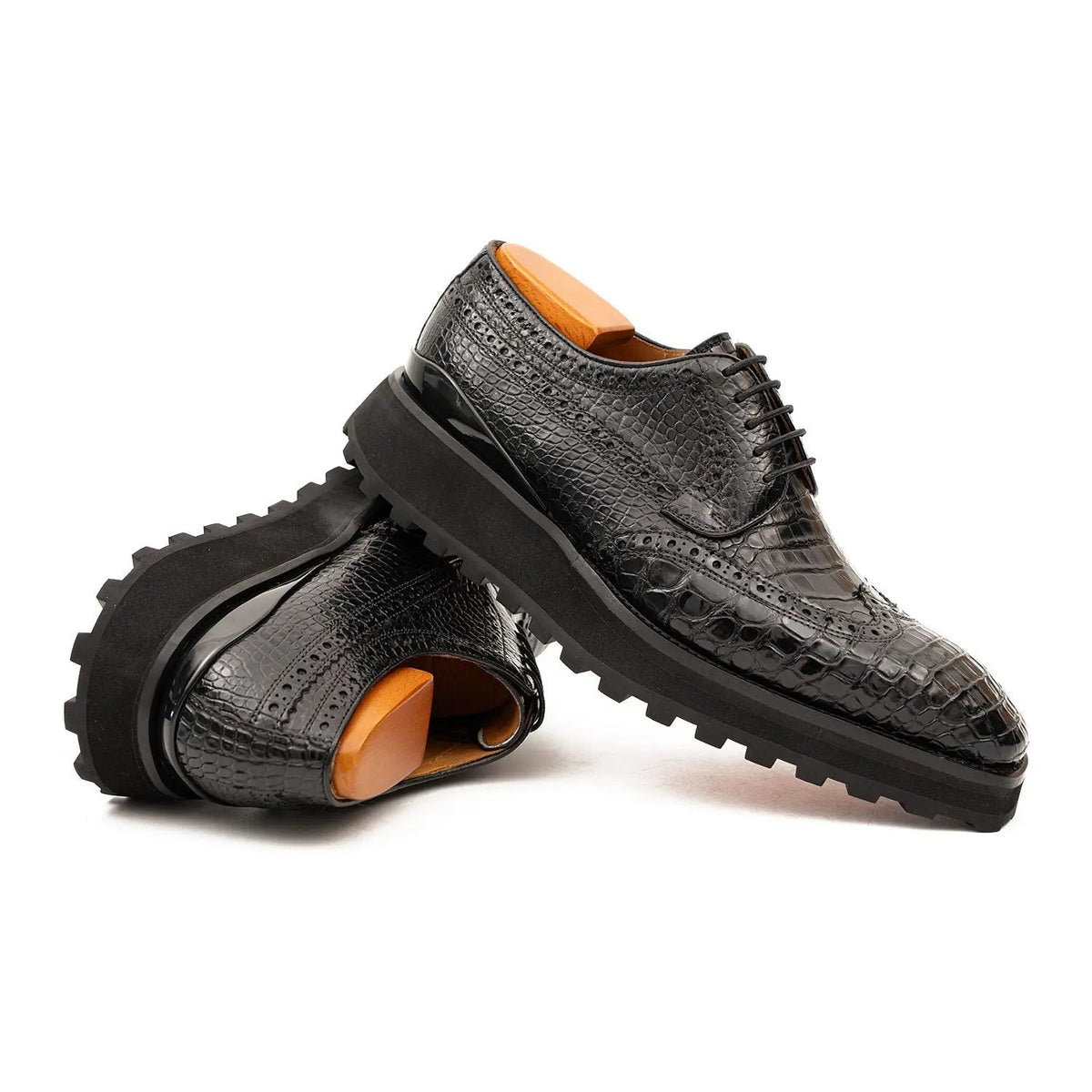 Black Calfskin Wingtip Derby Shoes with Scale Texture