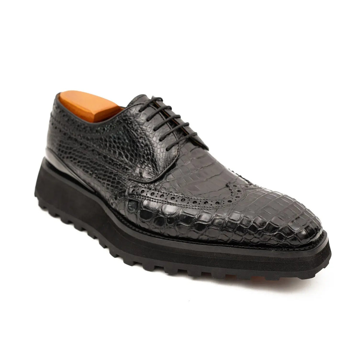 Black Calfskin Wingtip Derby Shoes with Scale Texture