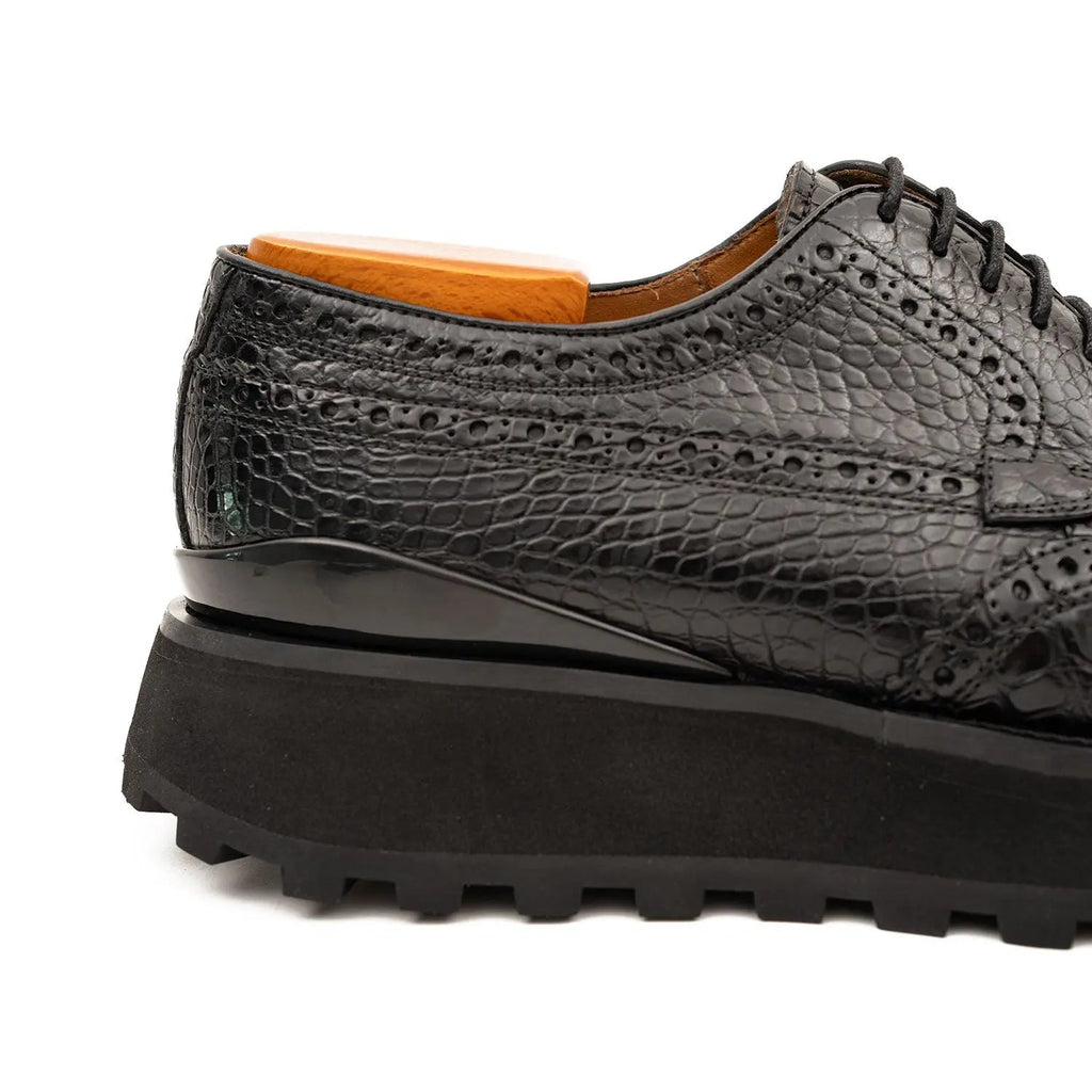 Black Calfskin Wingtip Derby Shoes with Scale Texture