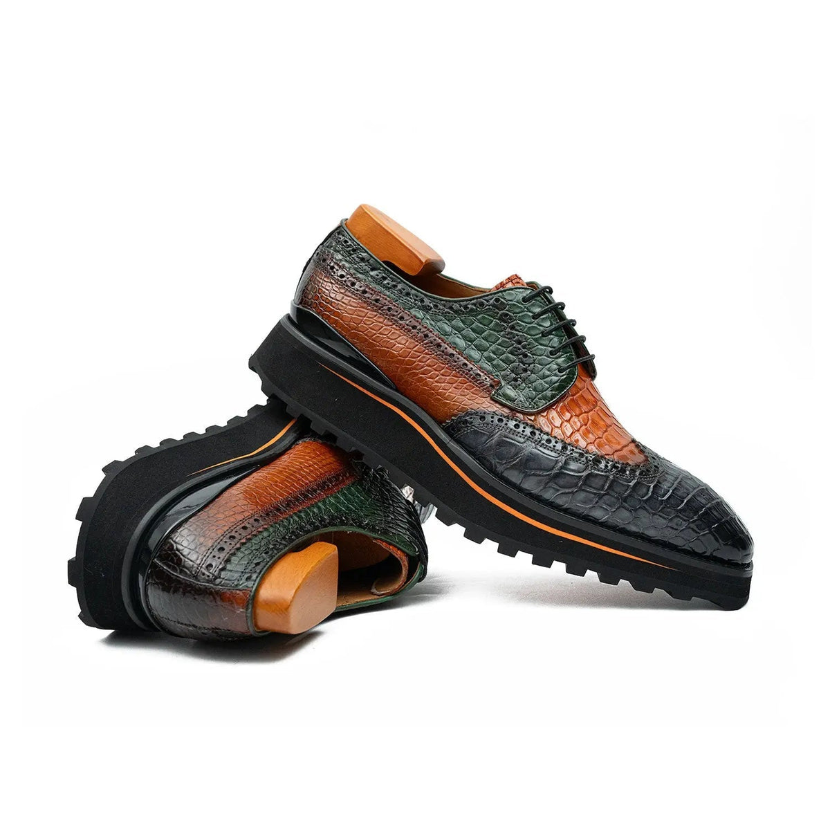 Multicolor Leather Wingtip Derby Shoes with Scale Texture