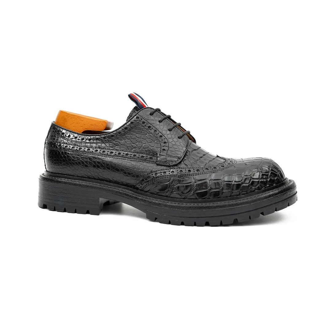 Black Scale-Pattern Wingtip Derby Shoes with Tongue Tab