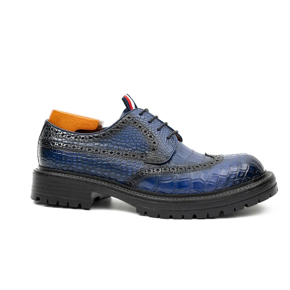 Blue Textured Wingtip Derby Shoes with Tongue Tab
