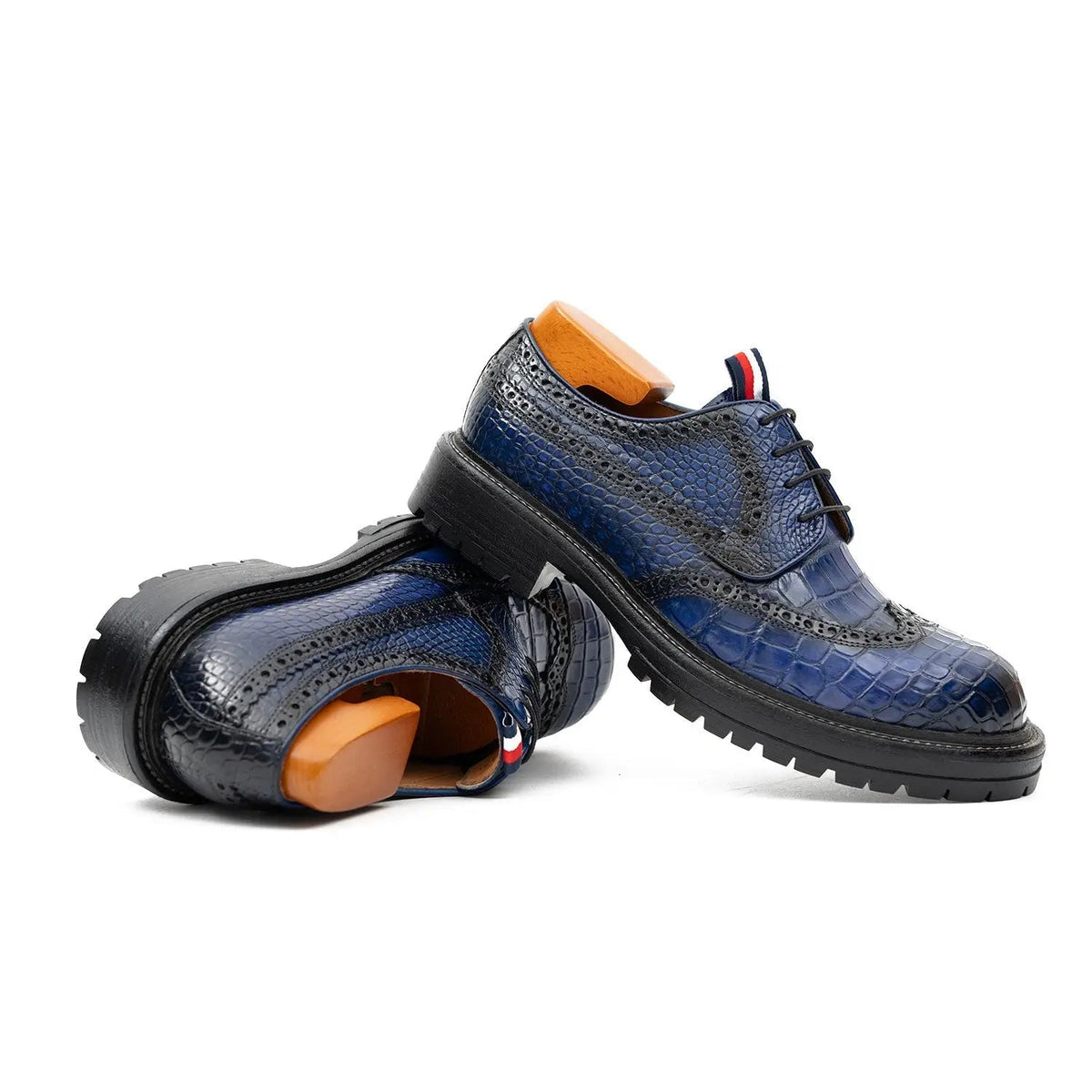 Blue Textured Wingtip Derby Shoes with Tongue Tab