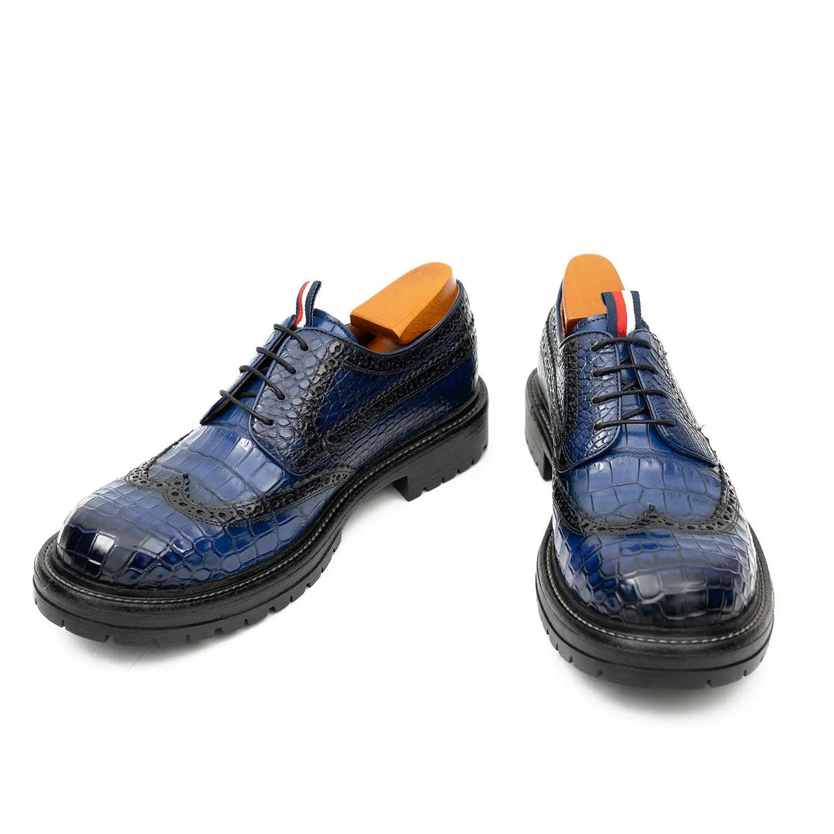 Blue Textured Wingtip Derby Shoes with Tongue Tab
