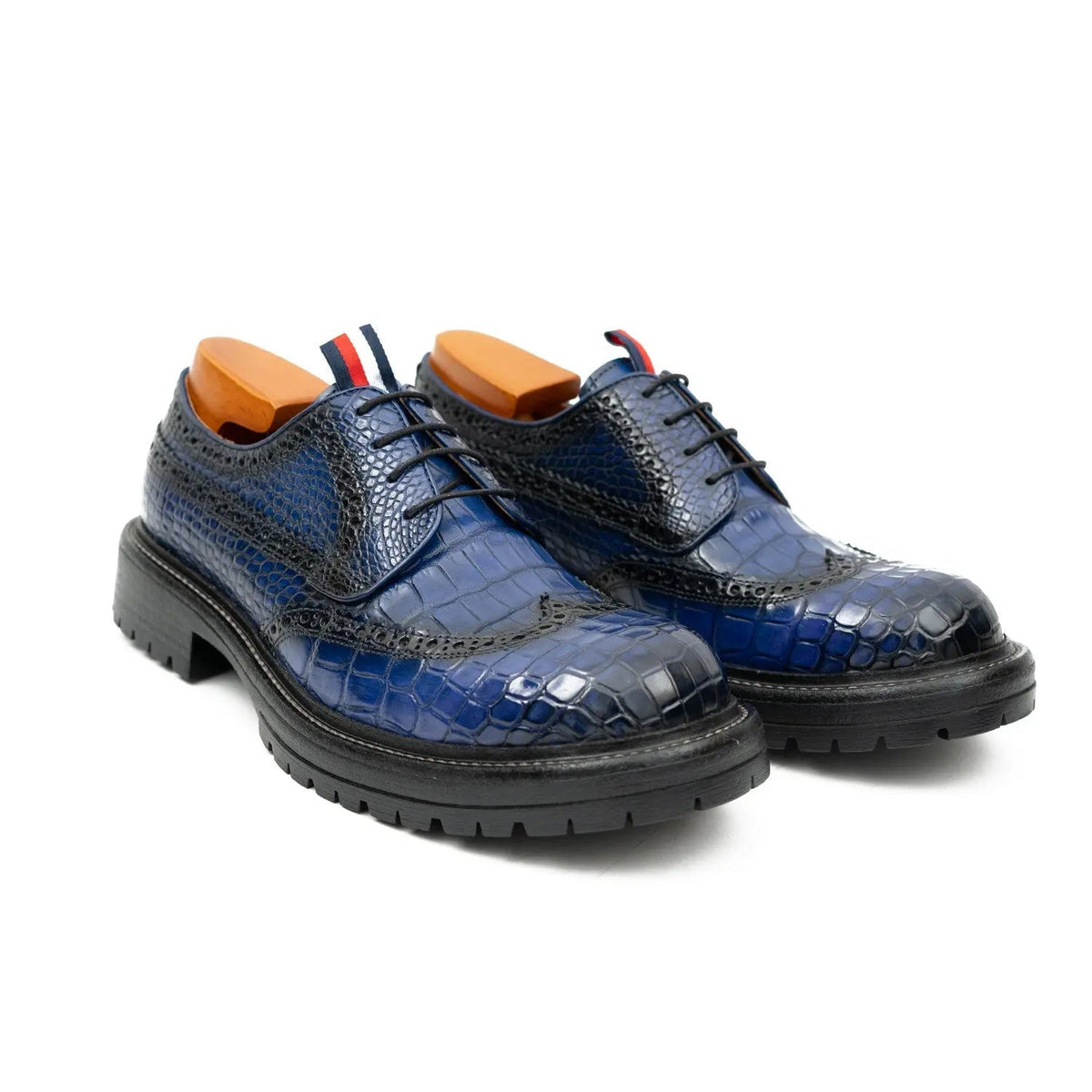 Blue Textured Wingtip Derby Shoes with Tongue Tab