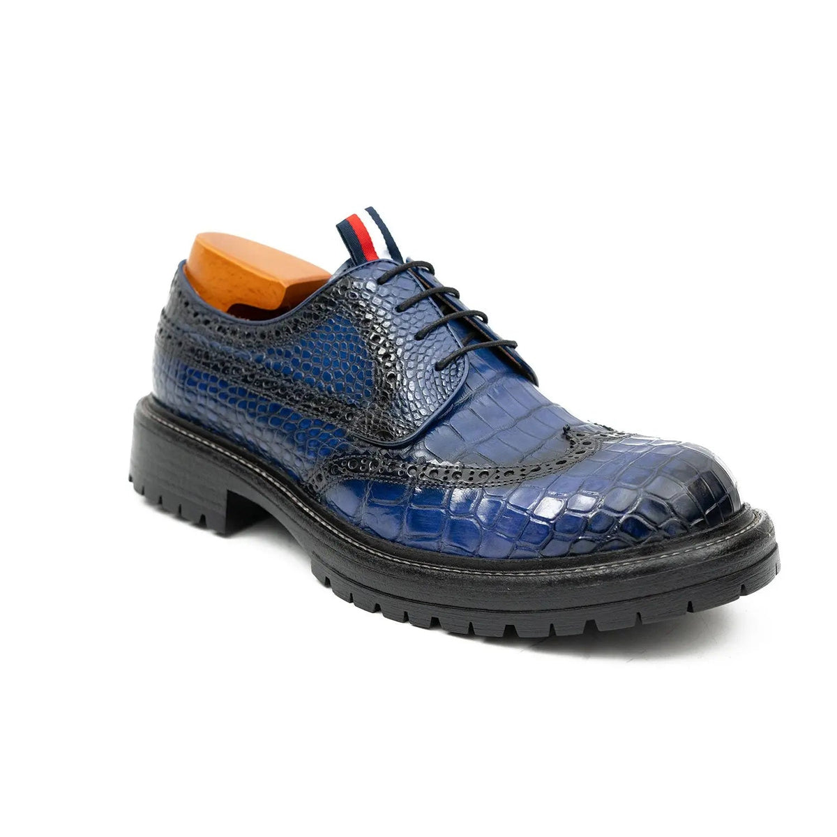 Blue Textured Wingtip Derby Shoes with Tongue Tab