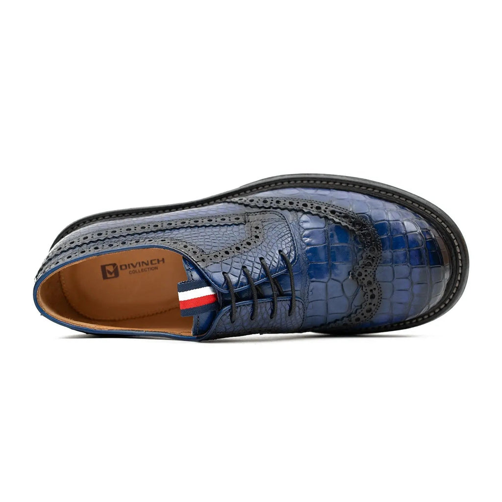 Blue Textured Wingtip Derby Shoes with Tongue Tab