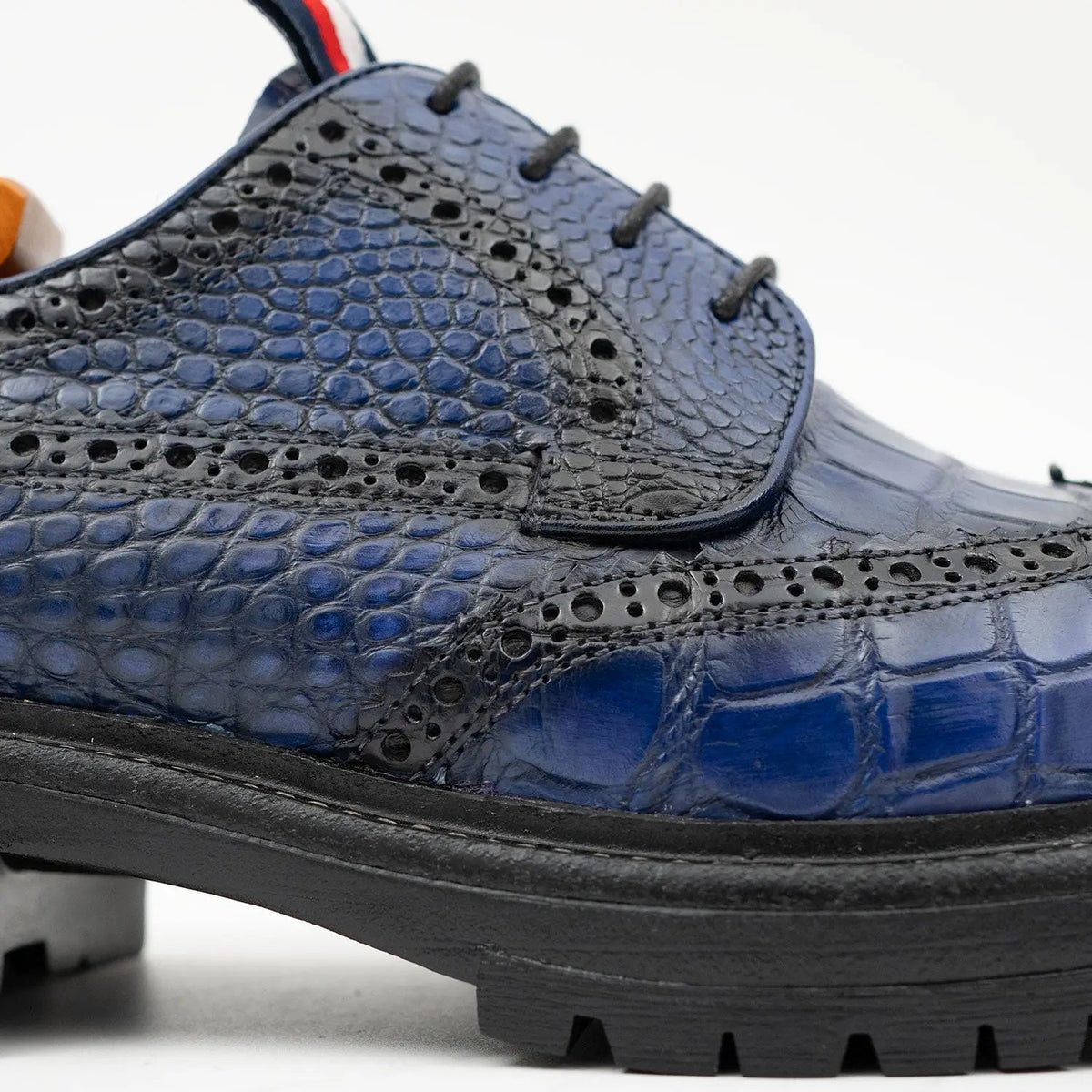 Blue Textured Wingtip Derby Shoes with Tongue Tab