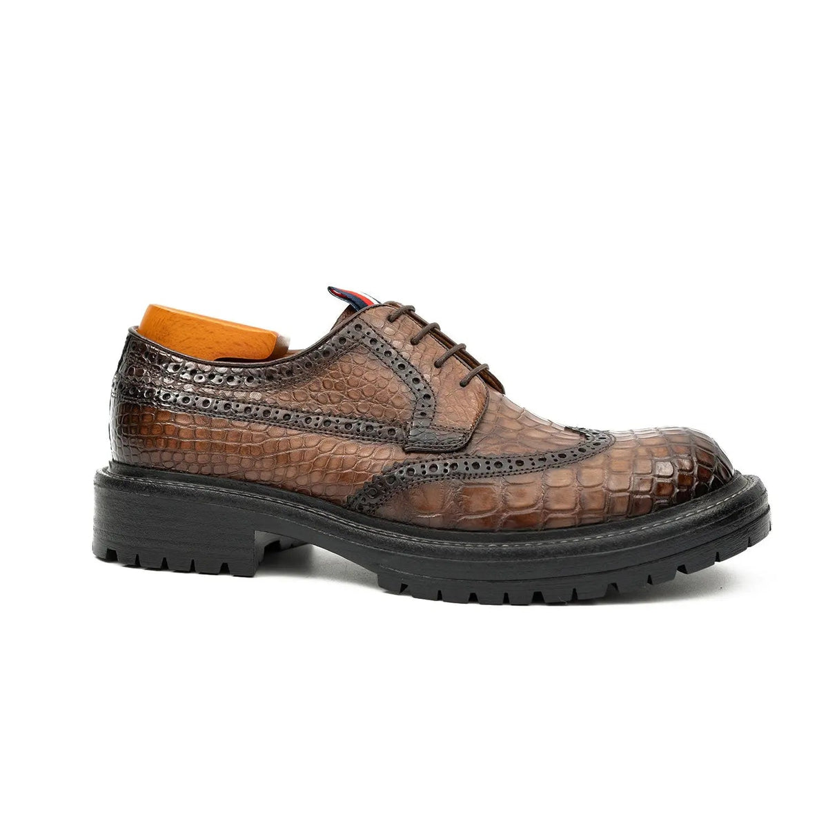 Brown Scale-Pattern Wingtip Derby Shoes with Lug Sole