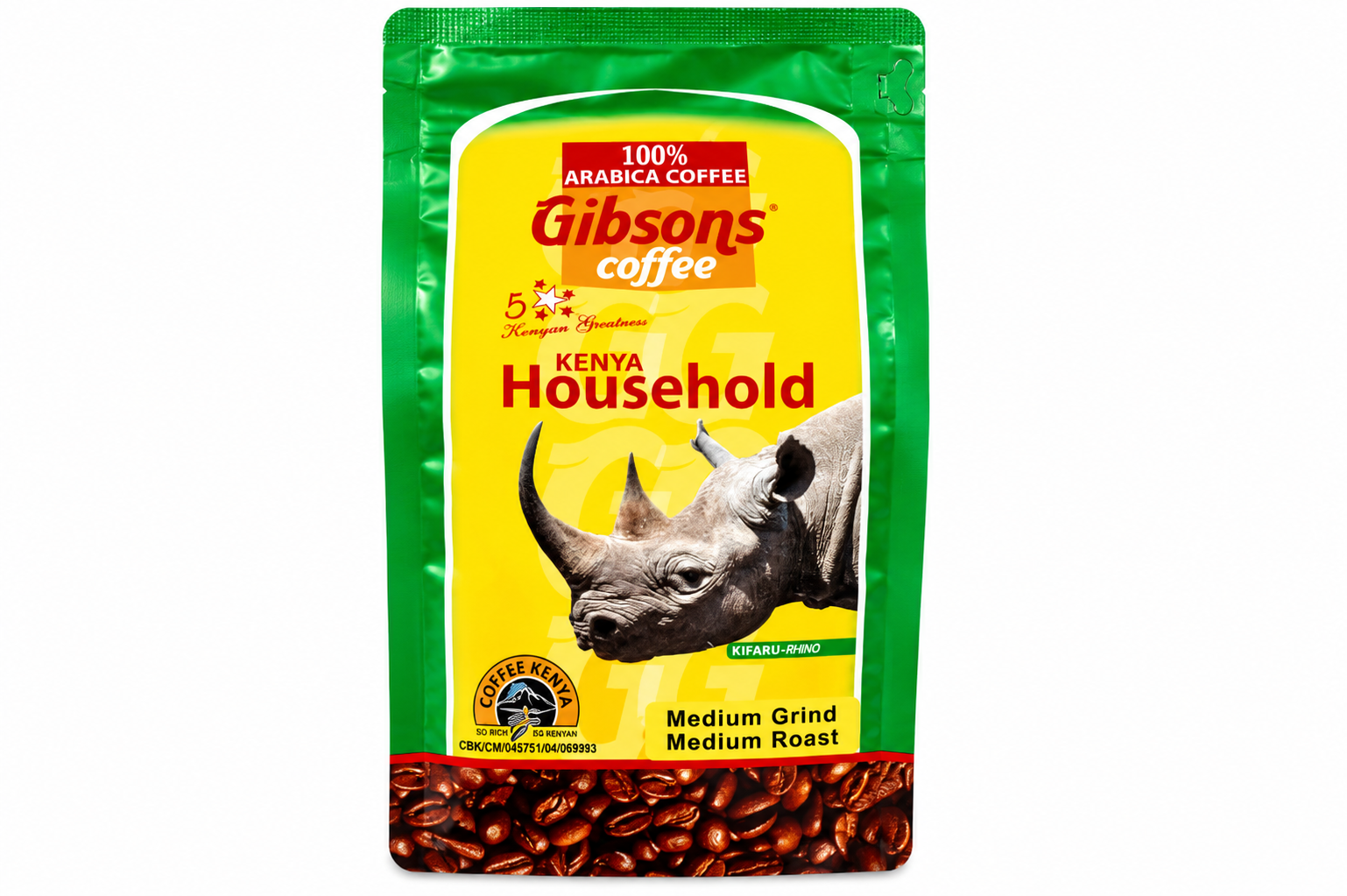 A bag of Gibson's Coffee Kenya Household medium roast coffee beans, featuring a green and yellow package with a rhinoceros graphic and a band of coffee beans at the bottom.