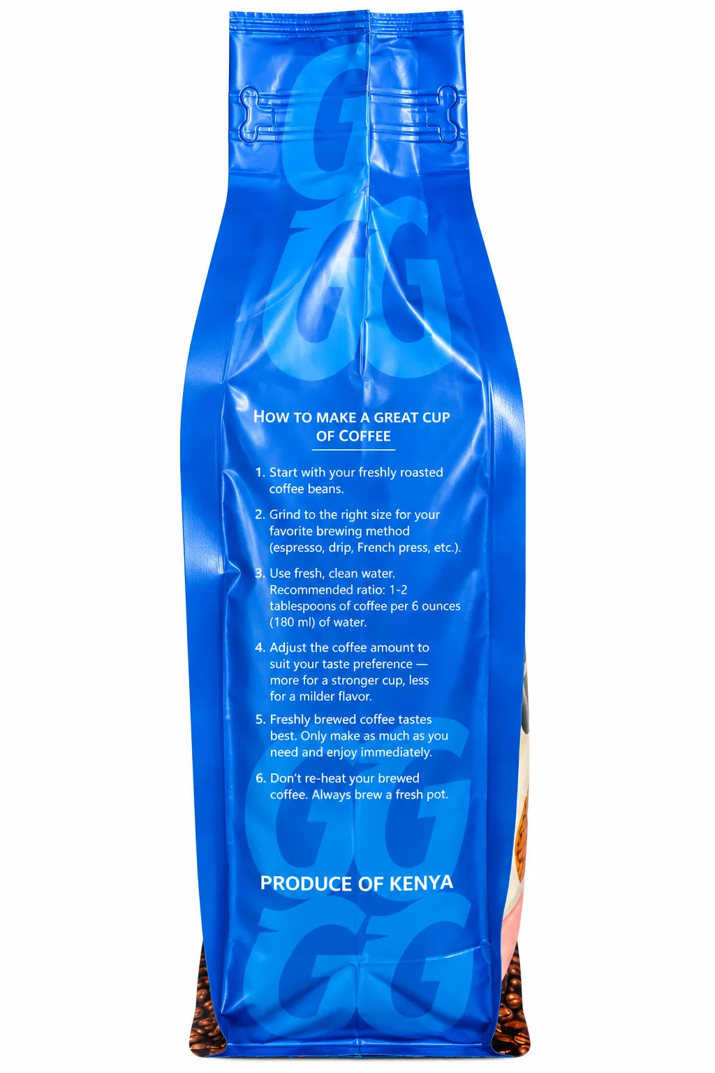 Gibsons Kenya Gourmet Coffee 400g back panel shown on a pure white background with brewing instructions, blue packaging, Produce of Kenya statement, whole bean coffee details, and roasted bean imagery for US shoppers researching authentic Kenyan coffee online products today.
