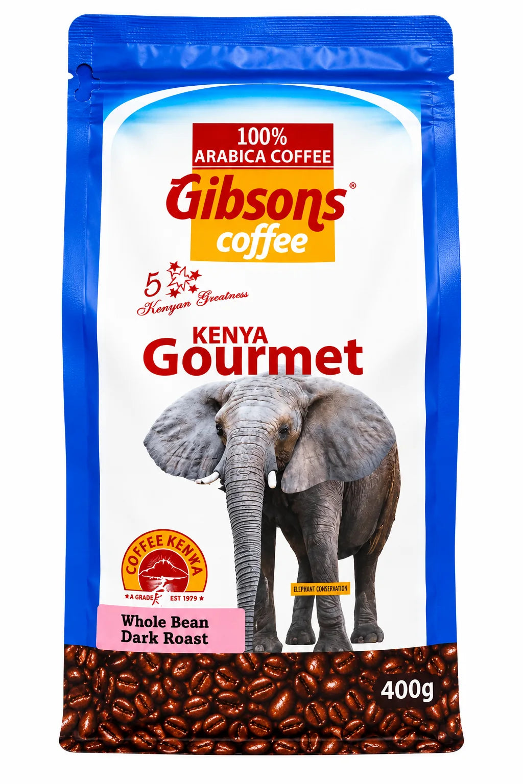 Gibsons Kenya Gourmet Coffee 400g pouch displayed on a pure white background, featuring 100% Arabica Coffee, Kenyan Greatness branding, elephant artwork, Coffee Kenya badge, Whole Bean Dark Roast label and roasted beans for US shoppers seeking authentic Kenyan coffee online.