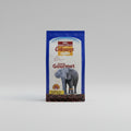 A bag of Gibson's Coffee Kenya Gourmet whole bean coffee sits on a dark navy blue fabric background. The packaging features a white and blue design with an illustration of an elephant and a visible layer of coffee beans at the bottom.
