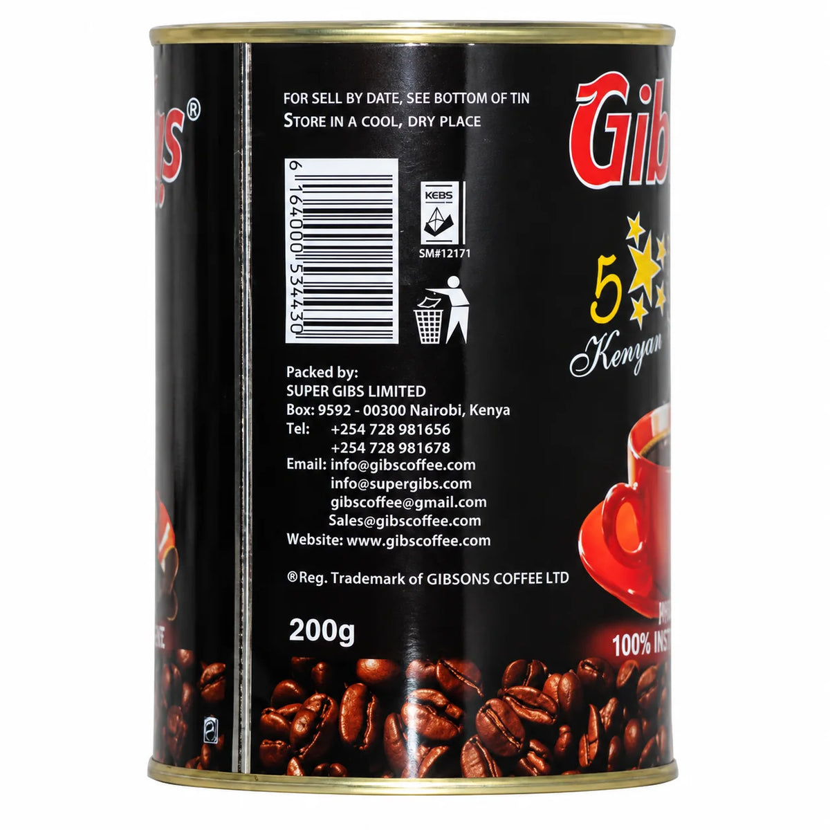 Gibsons Premium 100% Instant Coffee 200g tin shown from the back panel, featuring barcode, KEBS mark, storage guidance, Kenyan packer information, contact details, 200g weight and roasted coffee beans for US shoppers researching authentic Kenyan instant coffee products online today. 