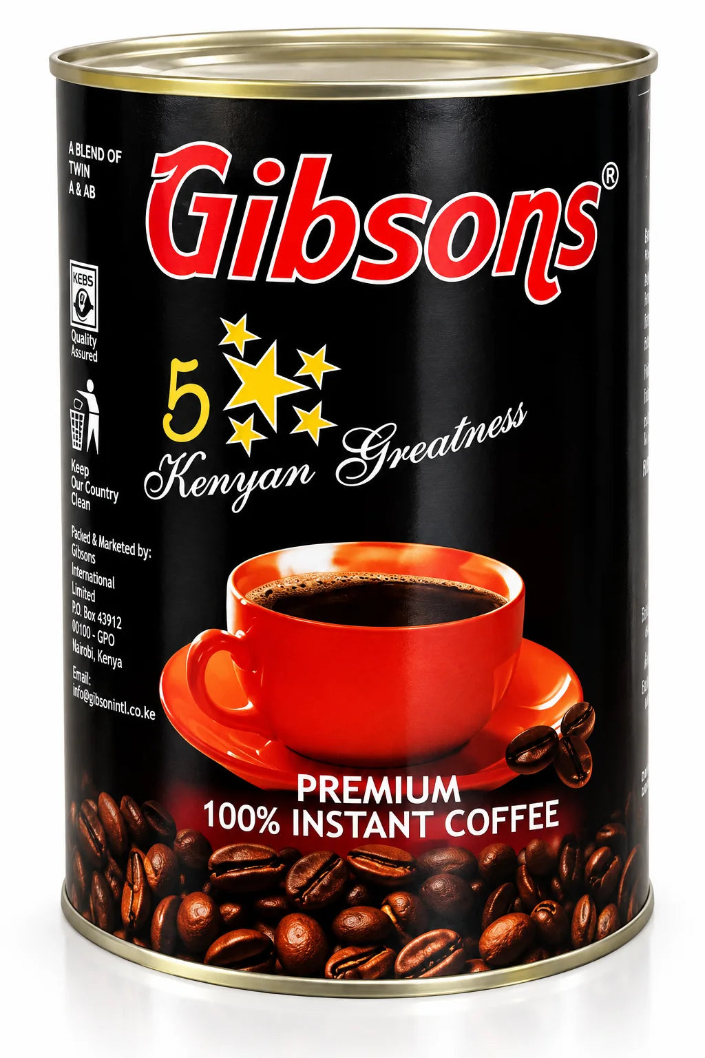 Gibsons Premium 100% Instant Coffee tin shown in a polished three-quarter studio view with black packaging, red cup, Kenyan Greatness branding, roasted coffee beans, gold trim and side details for US shoppers seeking authentic Kenyan instant coffee for daily brewing.