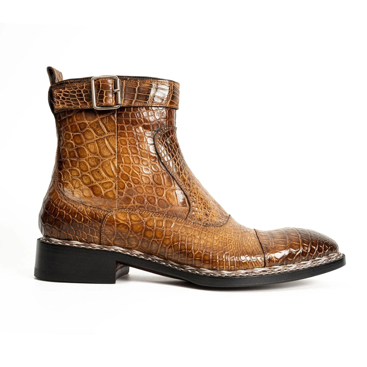 Amber Brown Textured Zip and Buckle Ankle Boot