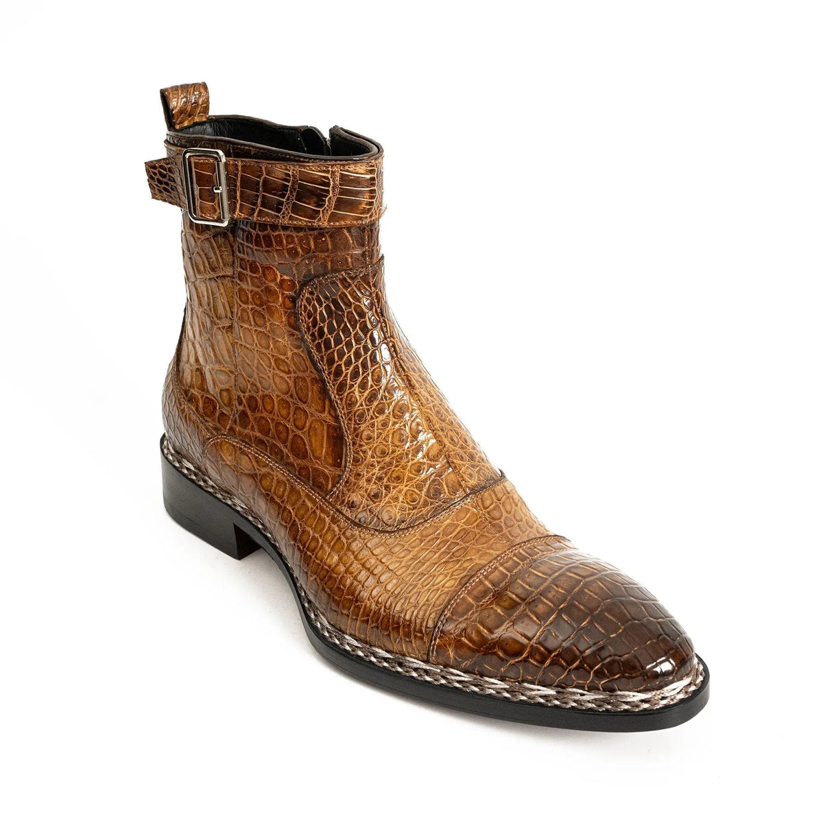 Amber Brown Textured Zip and Buckle Ankle Boot