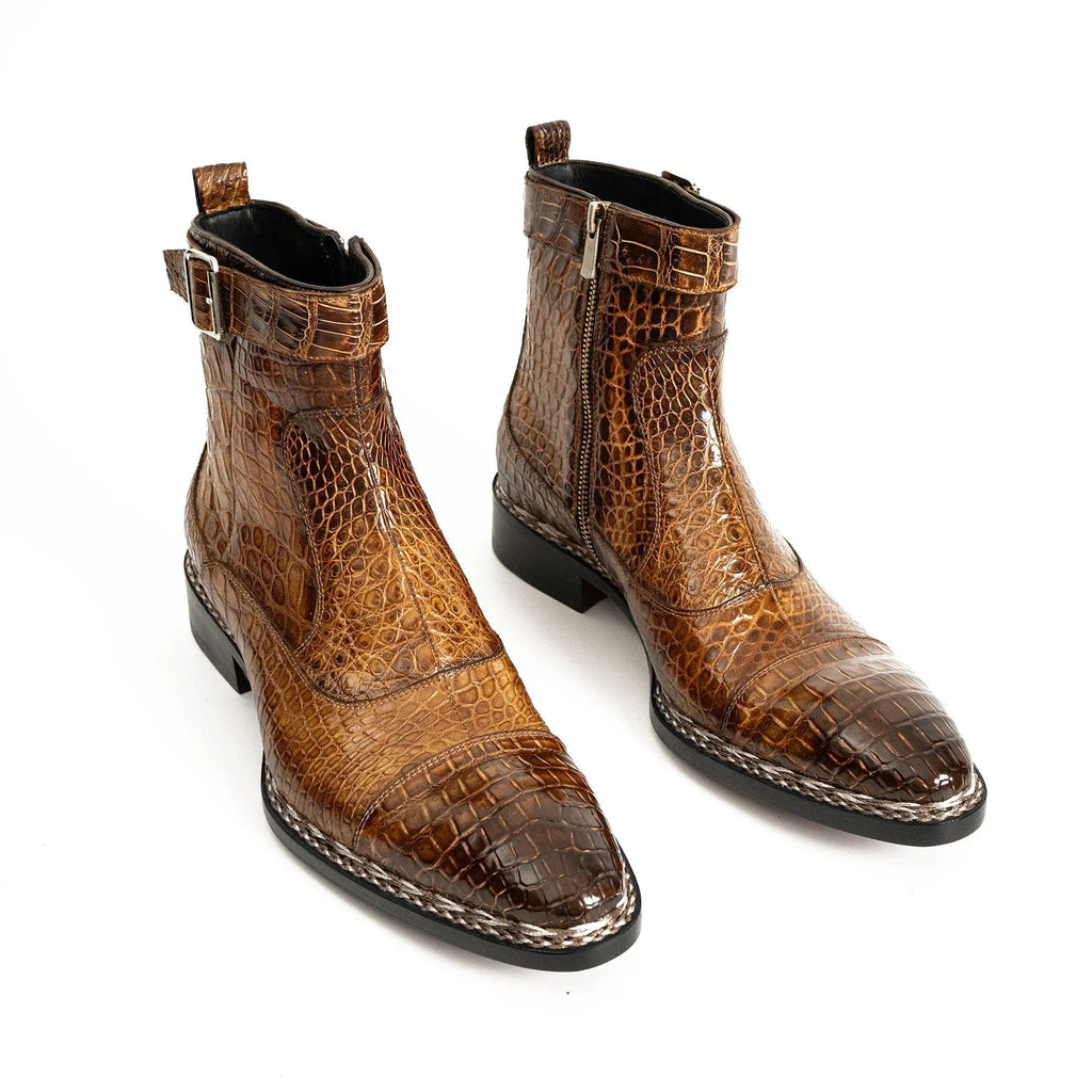 Amber Brown Textured Zip and Buckle Ankle Boot
