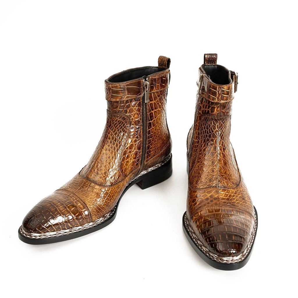 Amber Brown Textured Zip and Buckle Ankle Boot