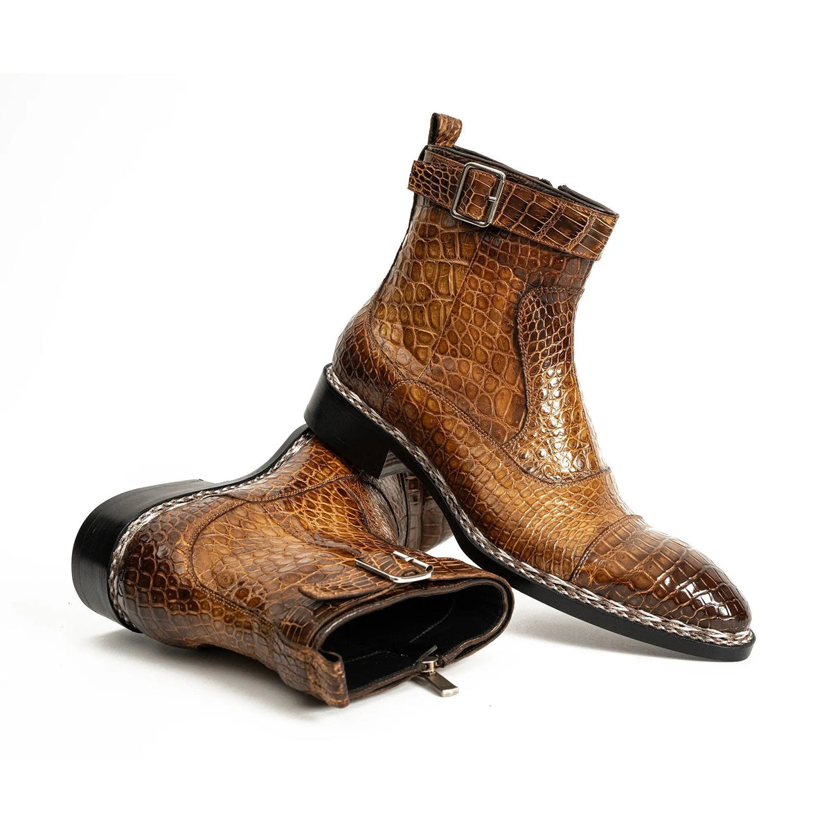 Amber Brown Textured Zip and Buckle Ankle Boot