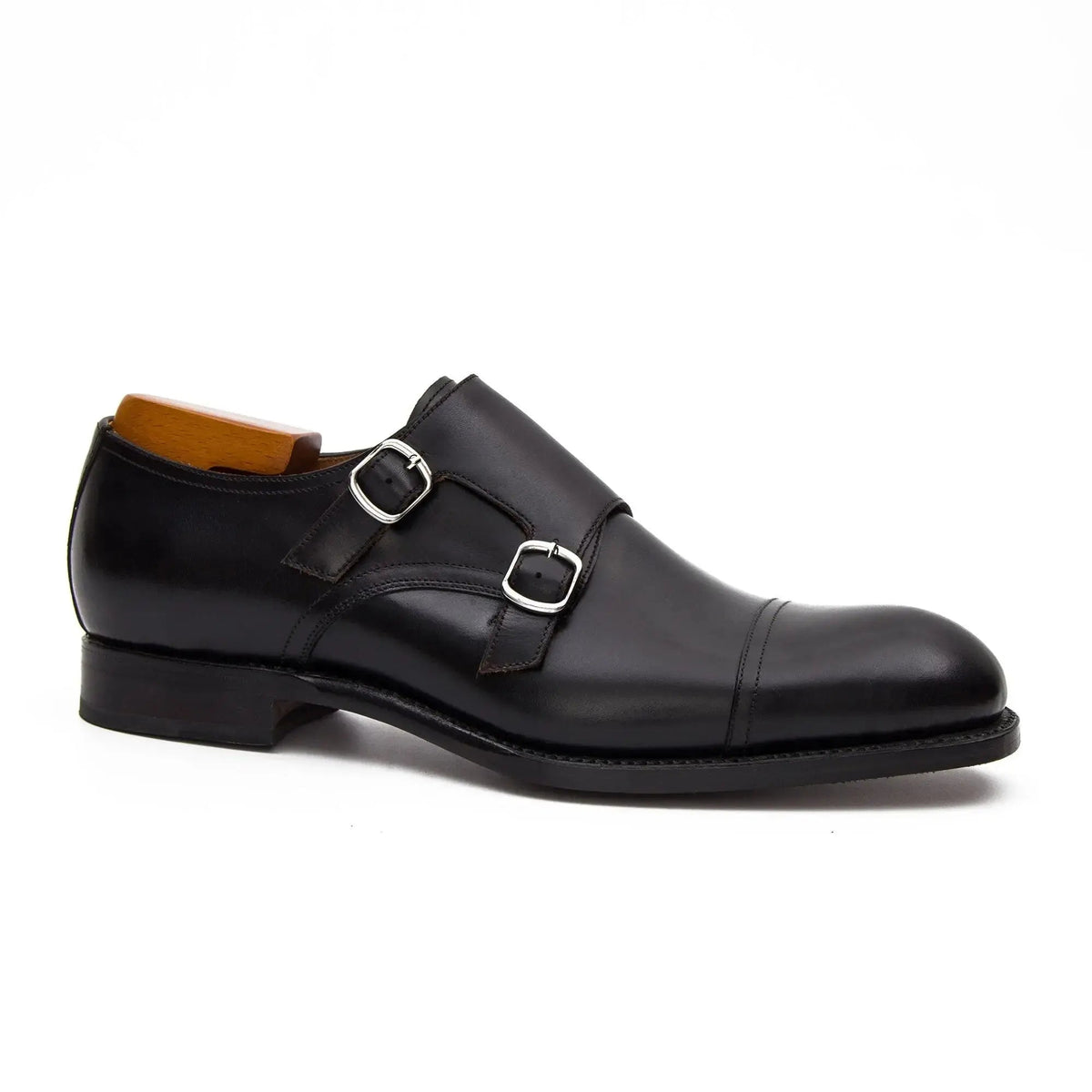 Black Cap-Toe Double Monk Strap Shoes with Polished Finish