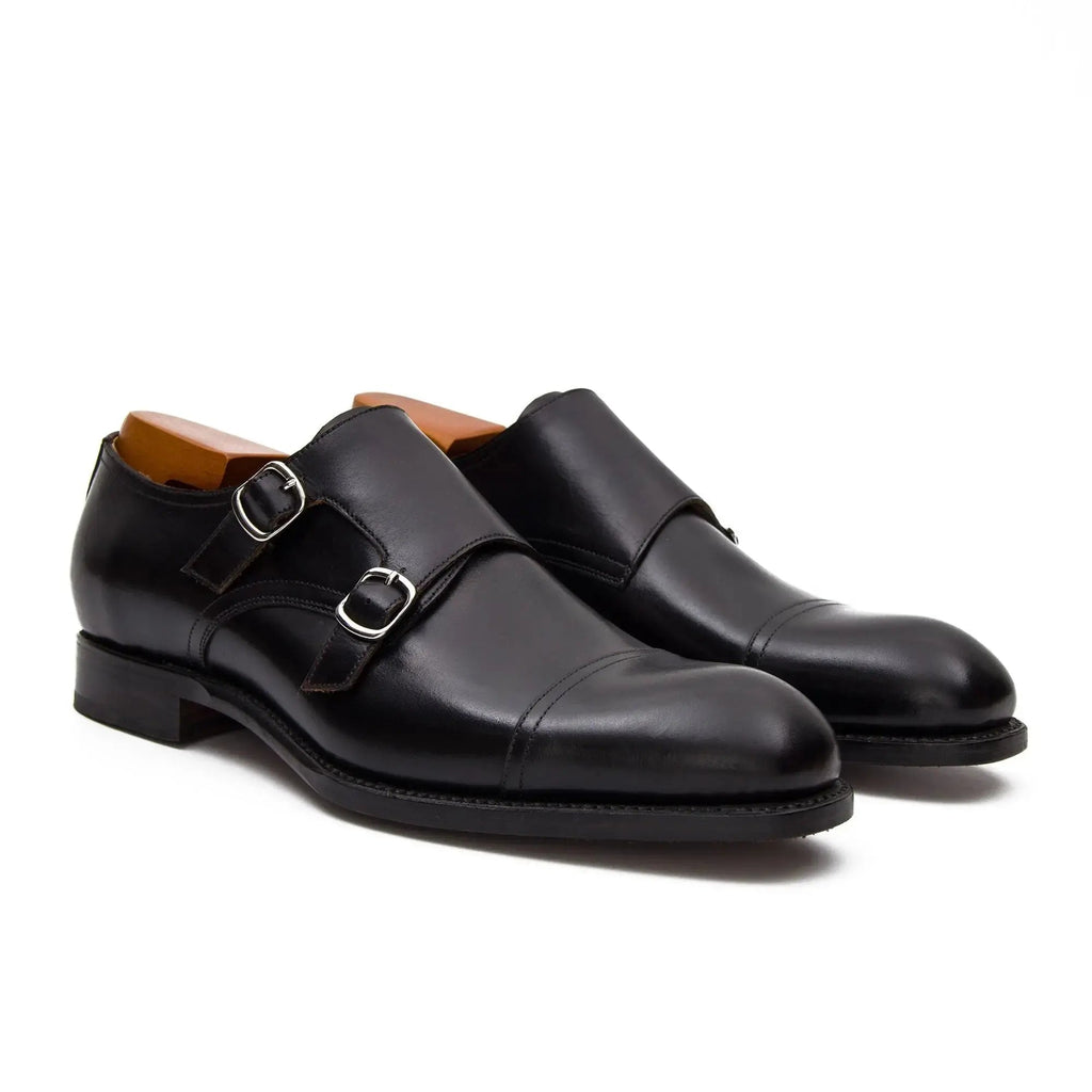 Black Cap-Toe Double Monk Strap Shoes with Polished Finish