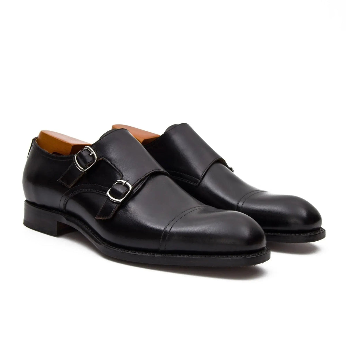 Black Cap-Toe Double Monk Strap Shoes with Polished Finish