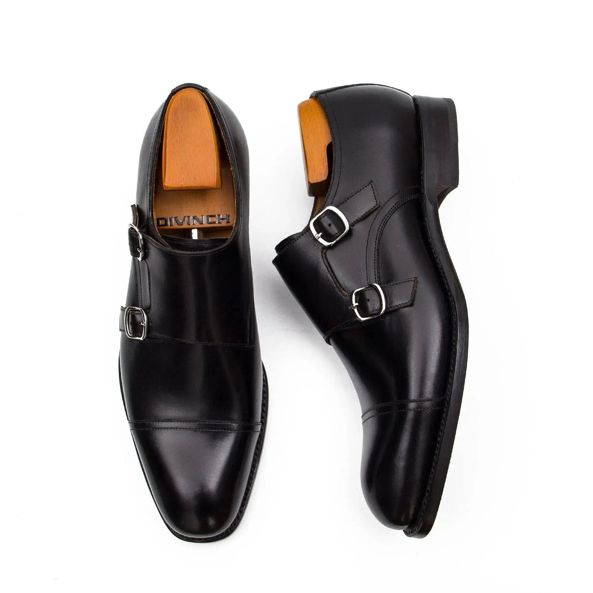 Black Cap-Toe Double Monk Strap Shoes with Polished Finish