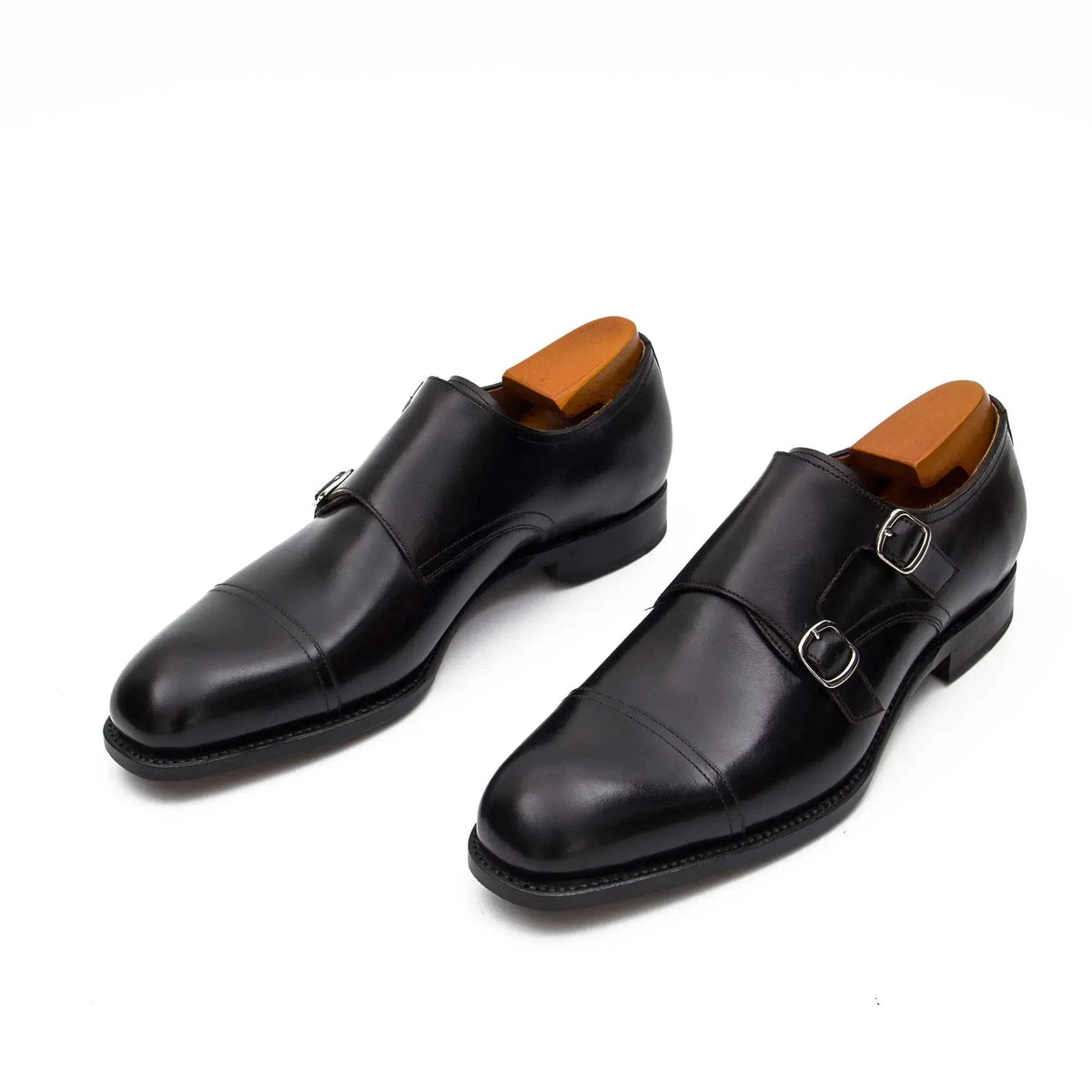 Black Cap-Toe Double Monk Strap Shoes with Polished Finish