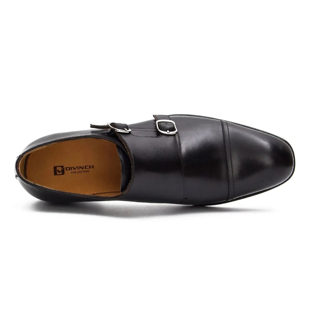 Black Cap-Toe Double Monk Strap Shoes with Polished Finish